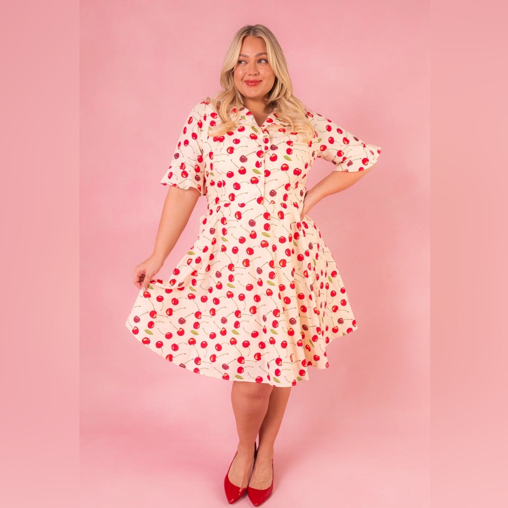 Ivy City Co Cherry Print Ruffle Collar June Pinup Dress